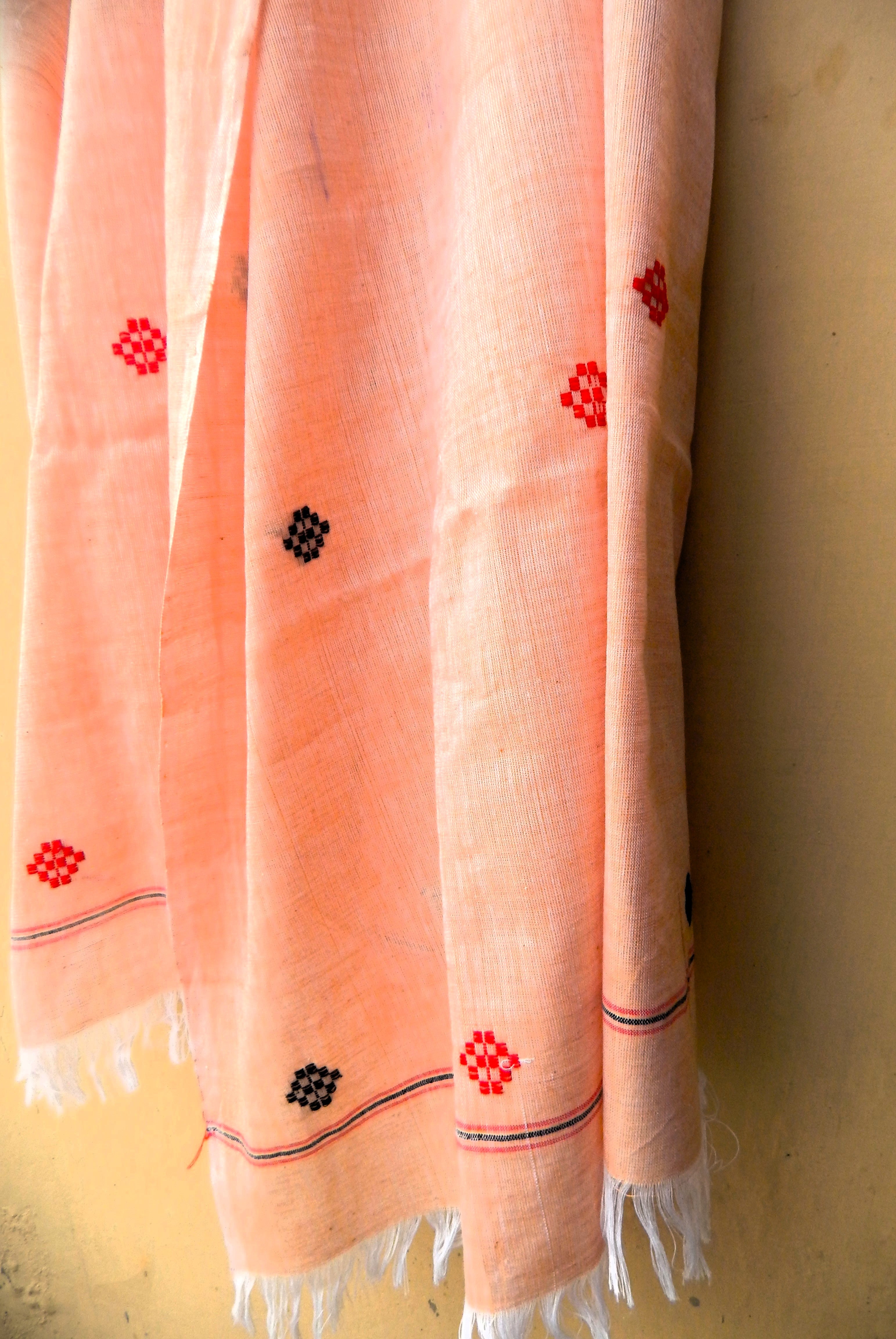 Handwoven Cotton Dupatta Light brown with Red Black and Green Motifs