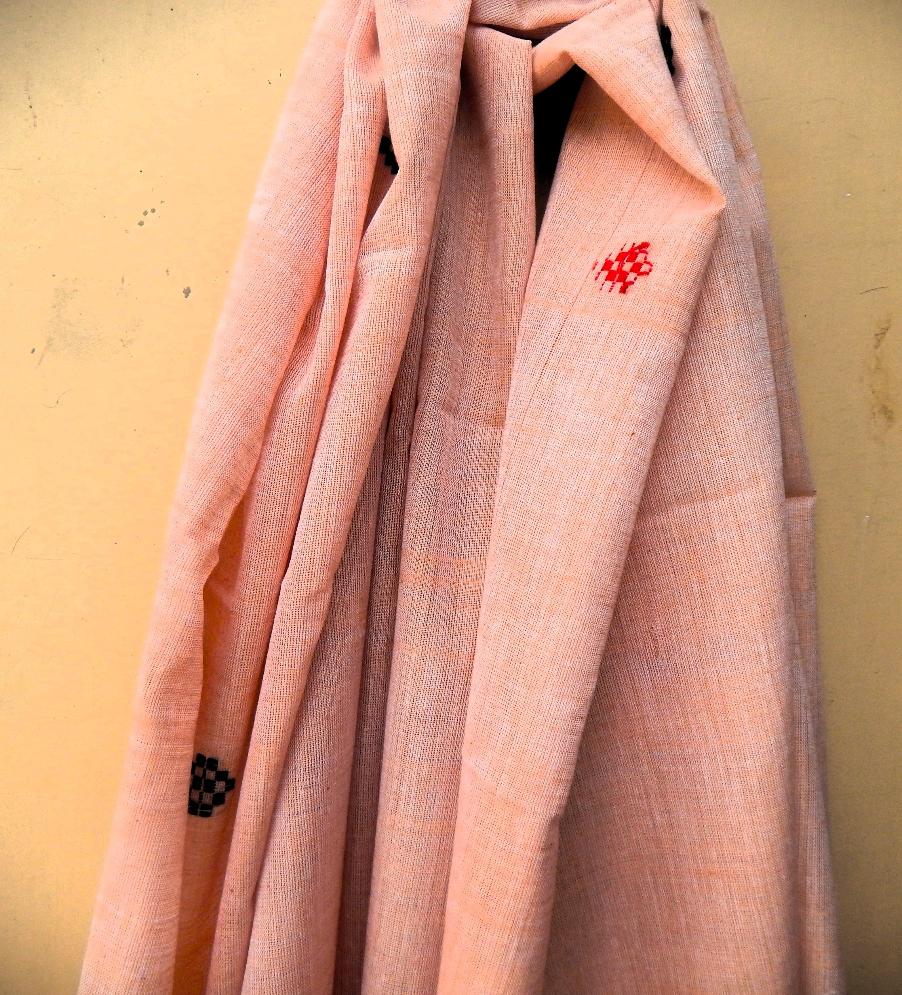 Handwoven Cotton Dupatta Light brown with Red Black and Green Motifs