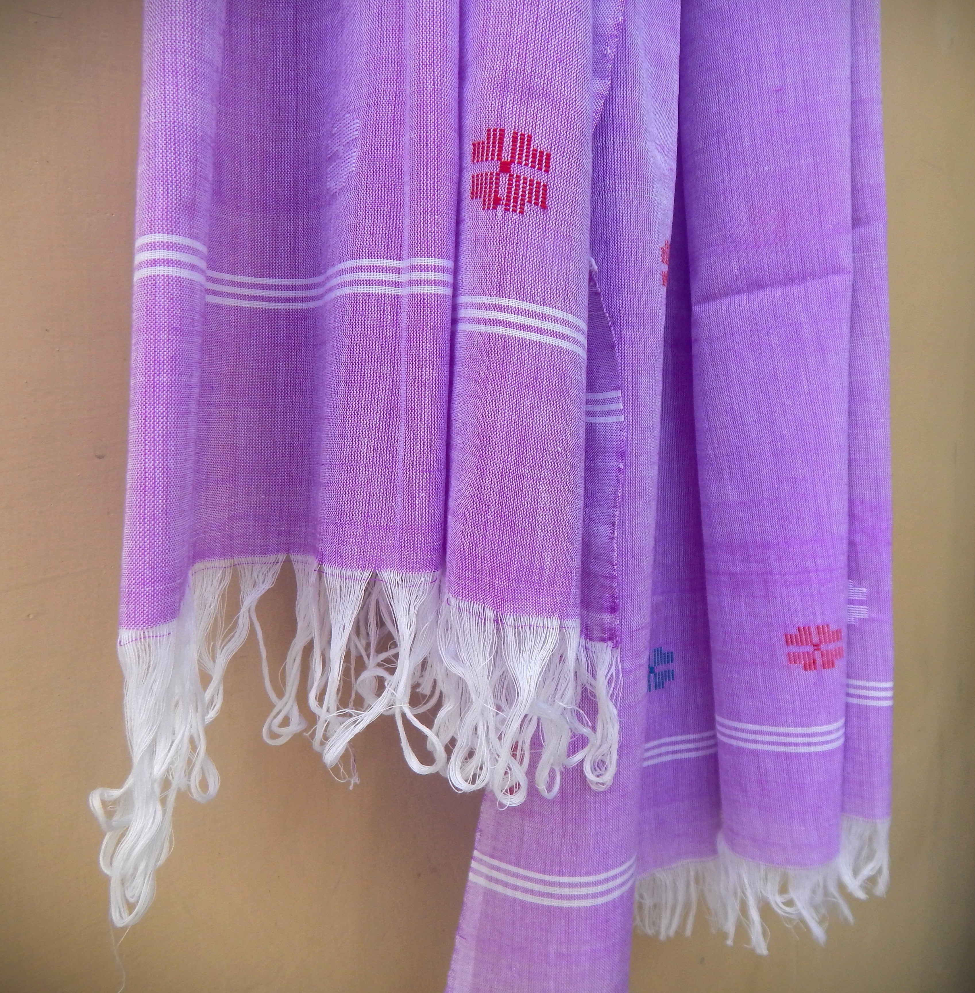 Handwoven Cotton Dupatta Lavender with White Blue and Red Motifs